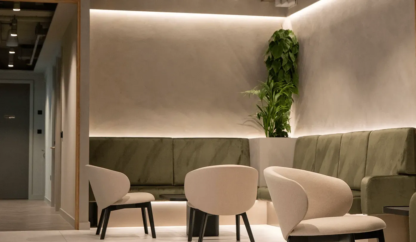 The reception seating area at UNTIL Marylebone, 1 Orchard Street