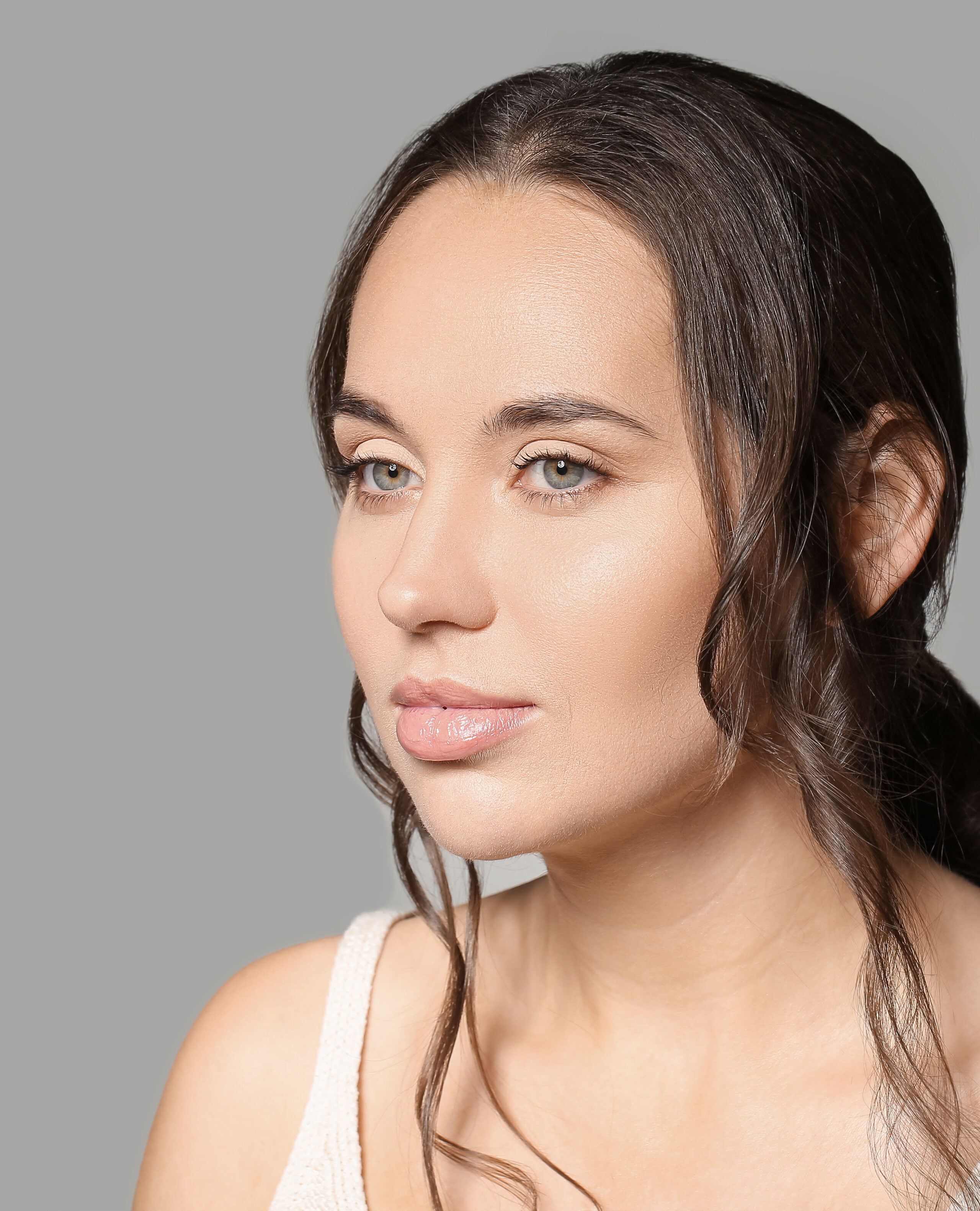 Close detail of a natural lip filler result