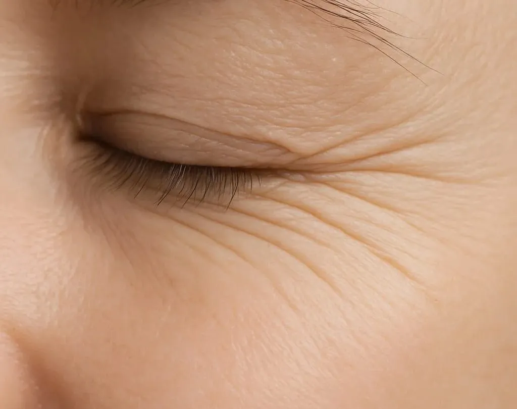Close view of the fine lines at the outer corner of the eye