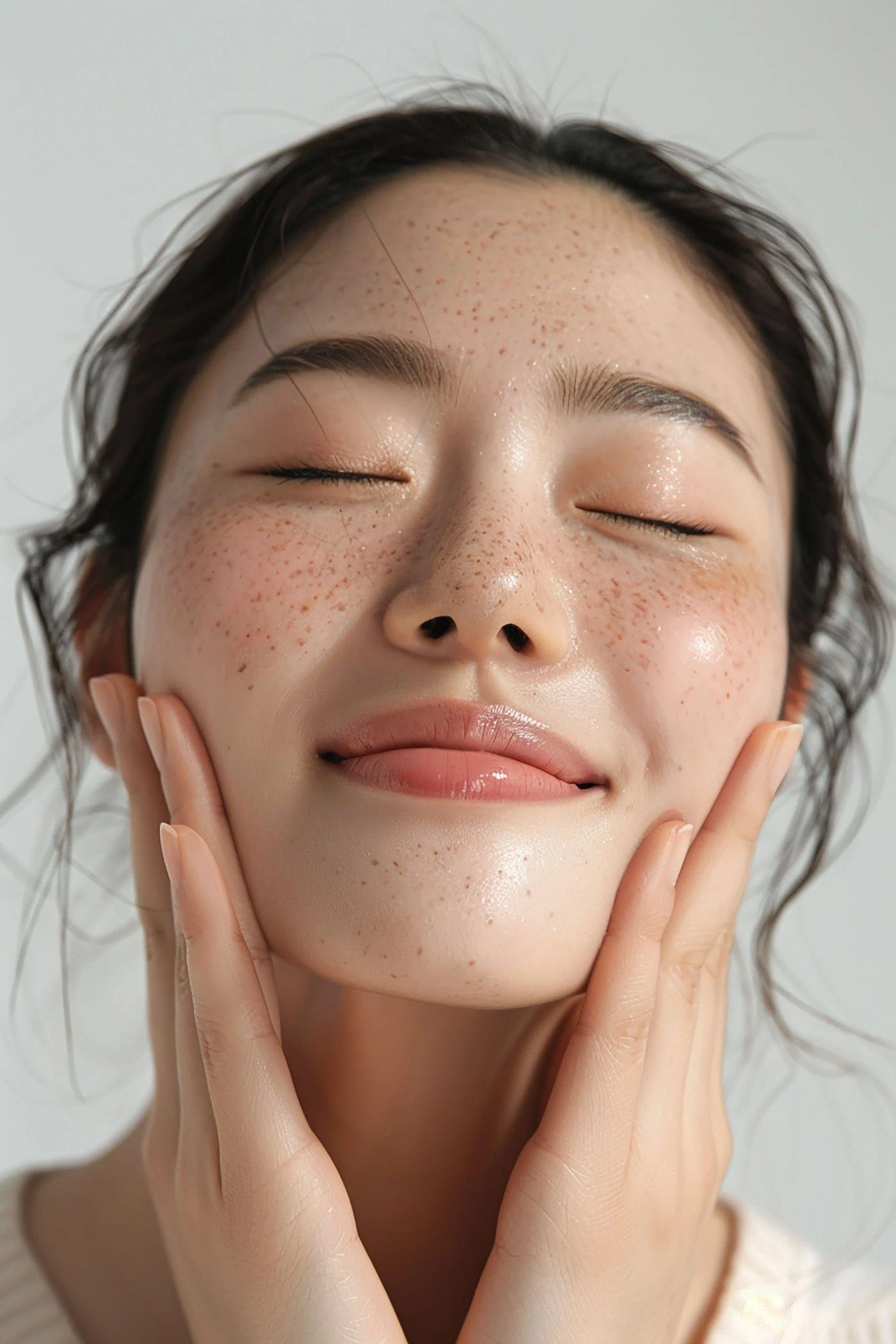 Woman resting both hands lightly against her face