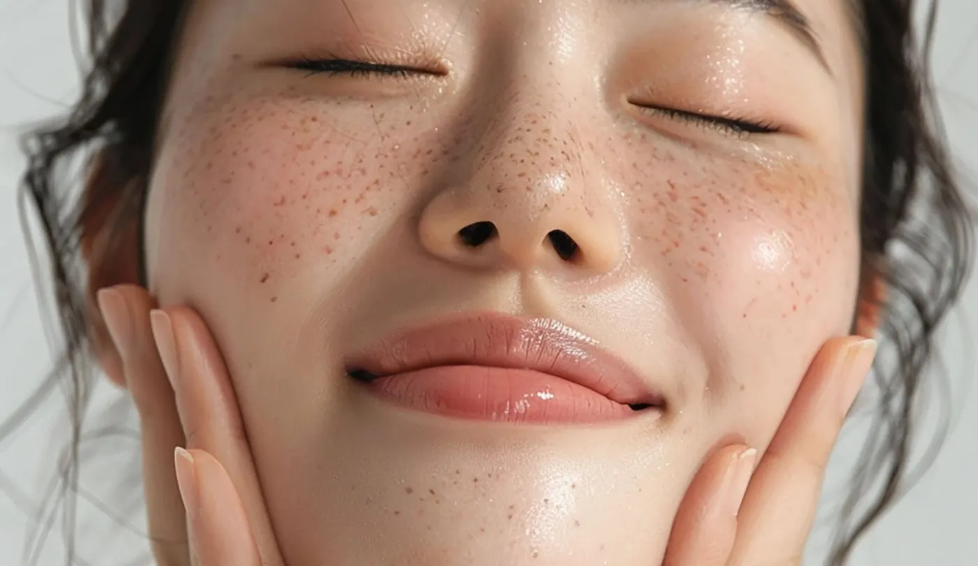 Woman resting both hands lightly against her face