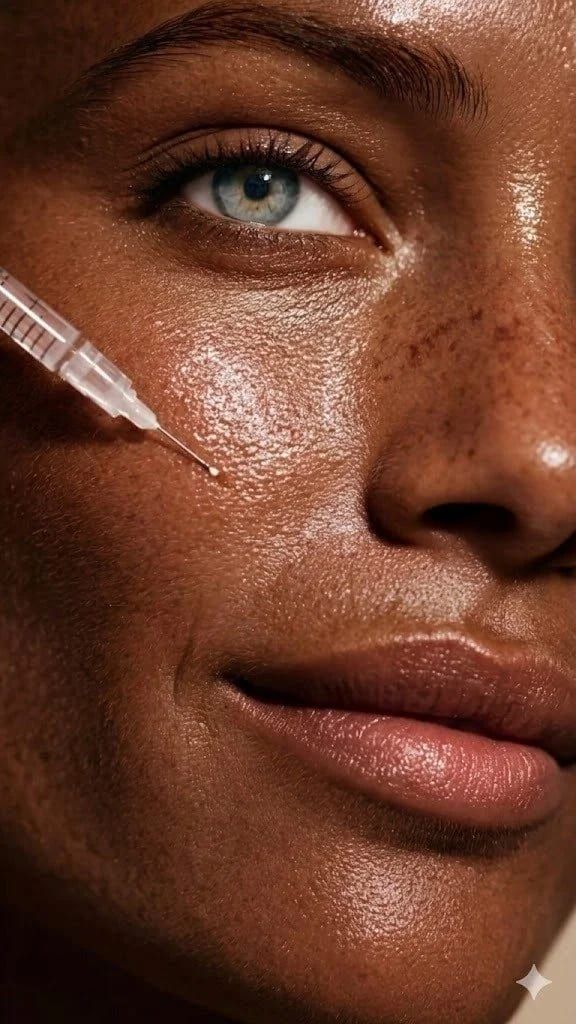 A dropper of serum being applied to a cheek