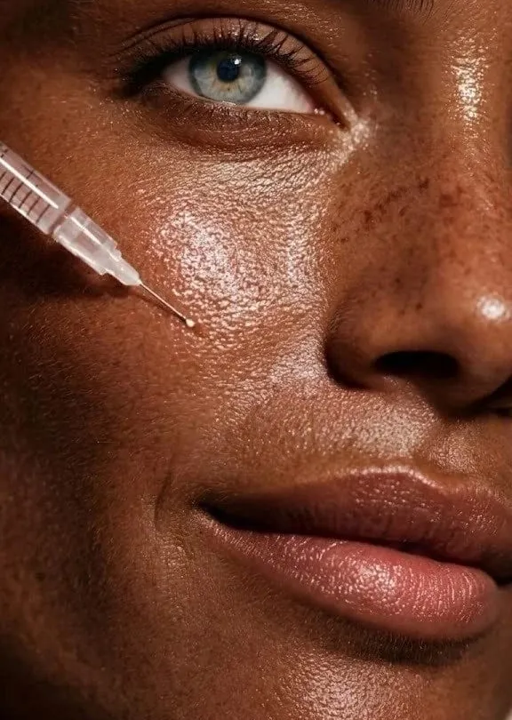 A dropper of serum being applied to a cheek