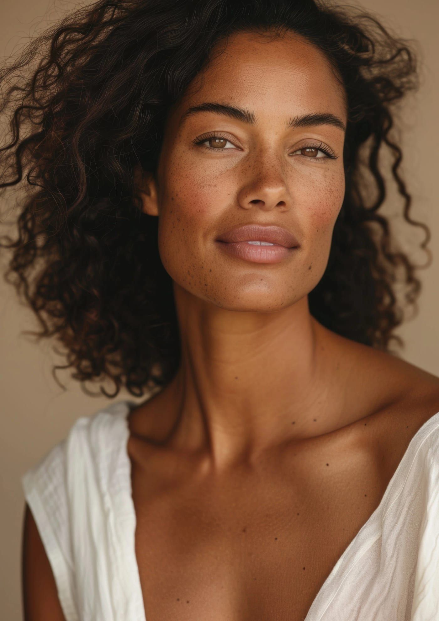 Woman in linen, relaxed and looking towards the camera