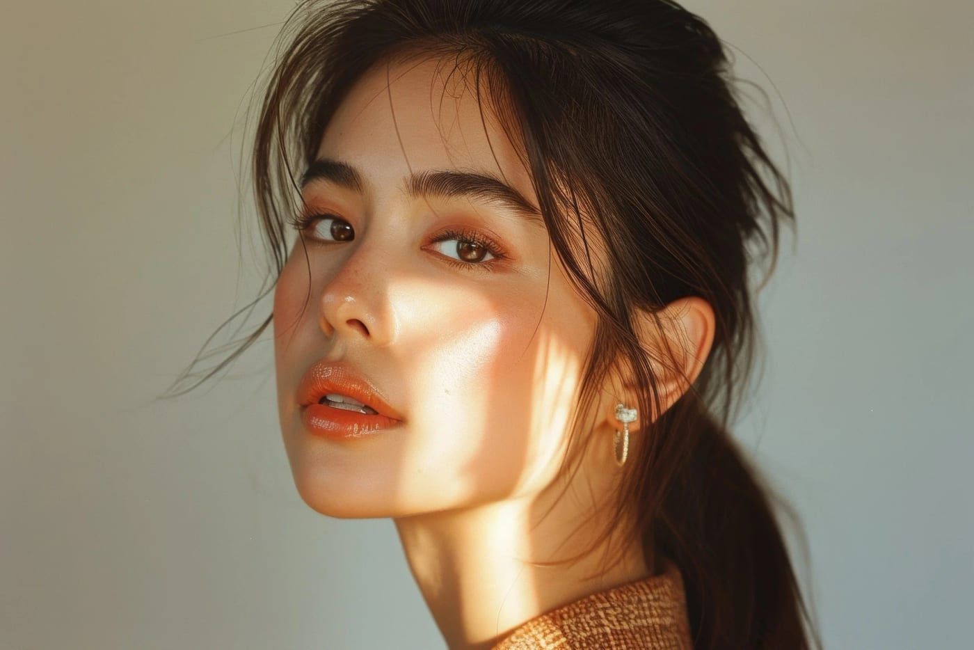 Woman in warm side light, forehead and eye area in focus
