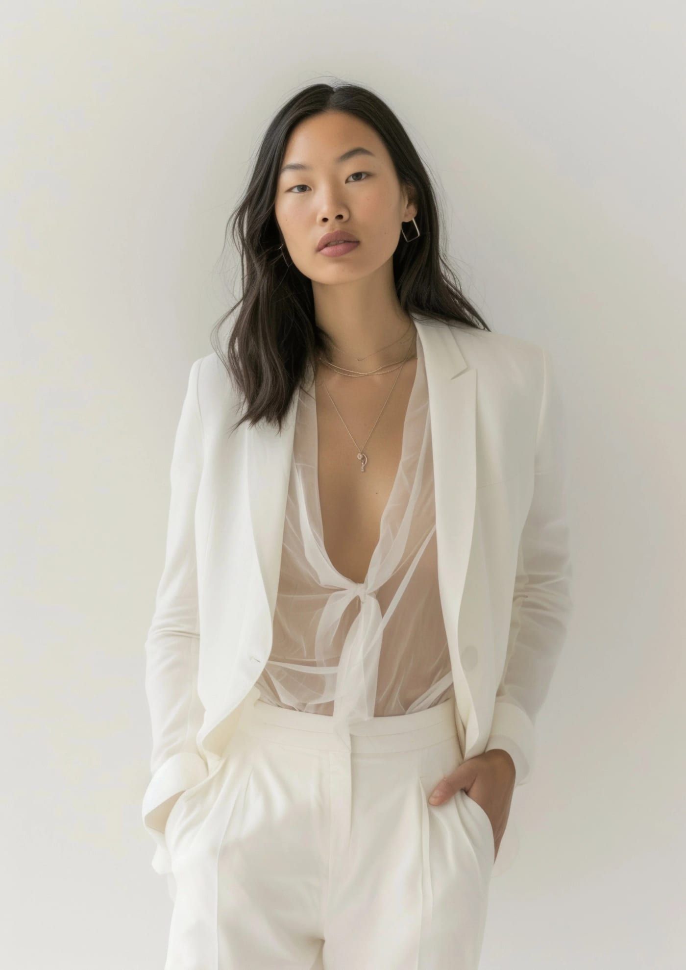 Woman standing in a white suit against a pale wall