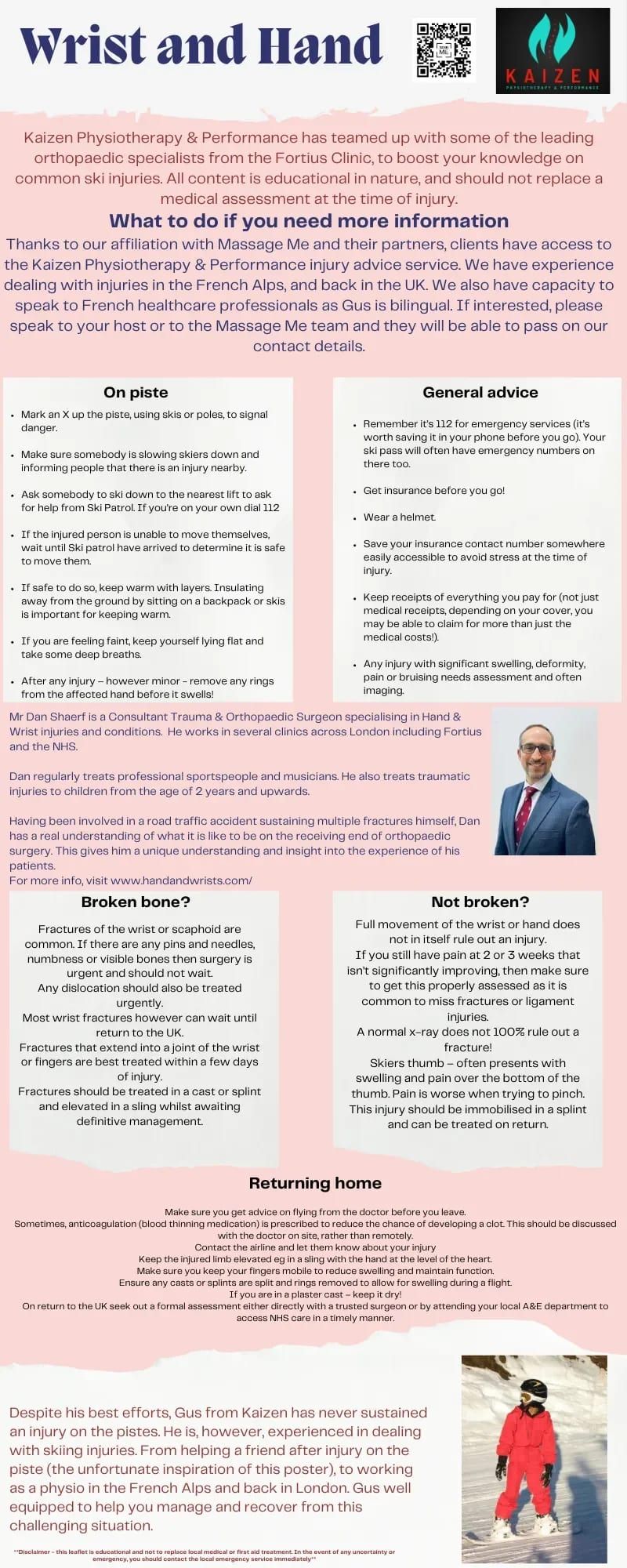 Kaizen and Fortius Clinic wrist and hand ski injury advice poster