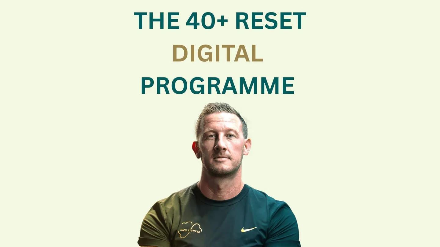 Front cover of the 40+ Reset Digital Programme, showing Neil McGuigan and the NMG Fitness wordmark