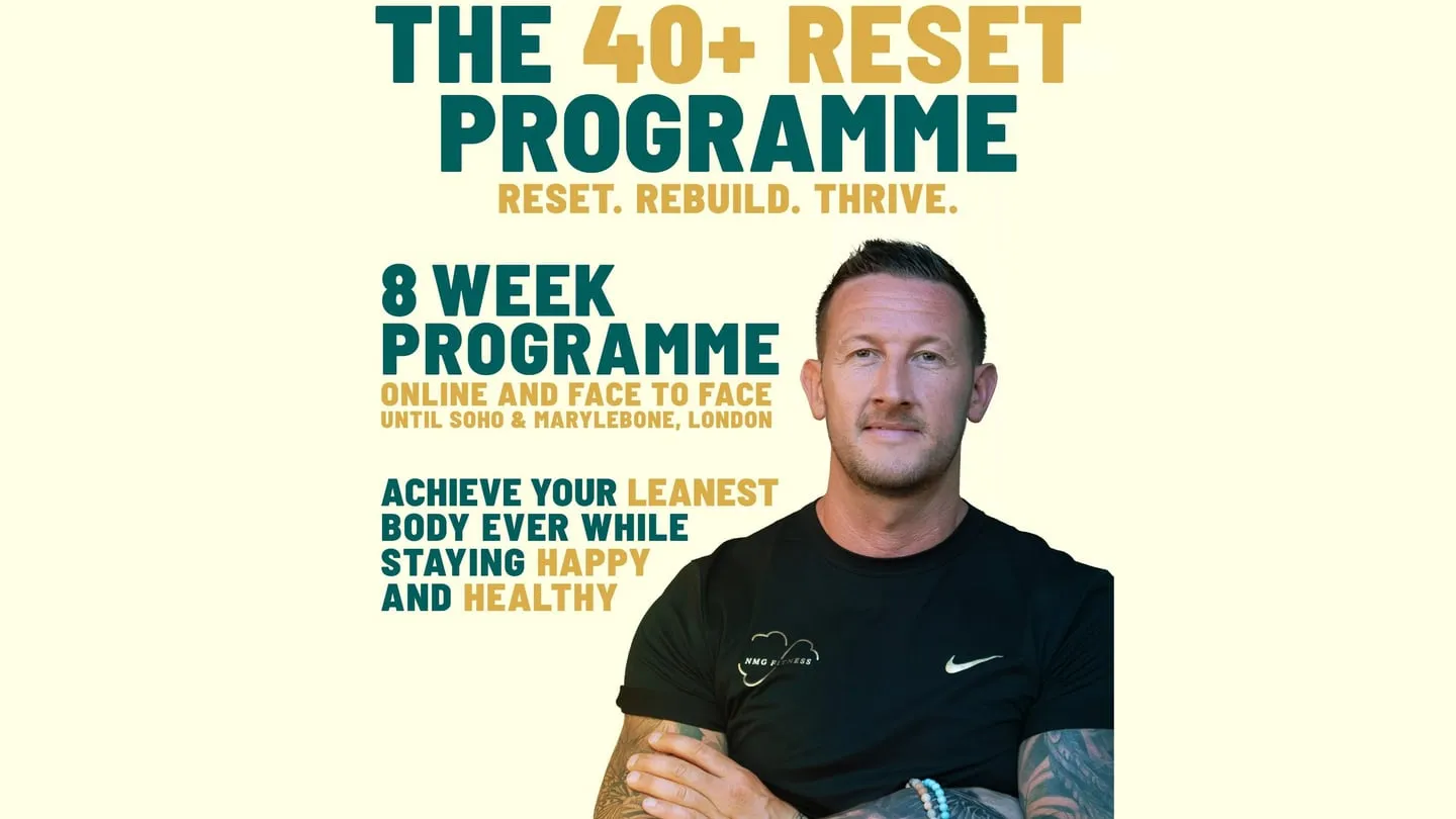 Front cover of the 40+ Reset Programme: an 8-week programme, online and face to face at UNTIL Soho and Marylebone, showing Neil McGuigan and the NMG Fitness wordmark