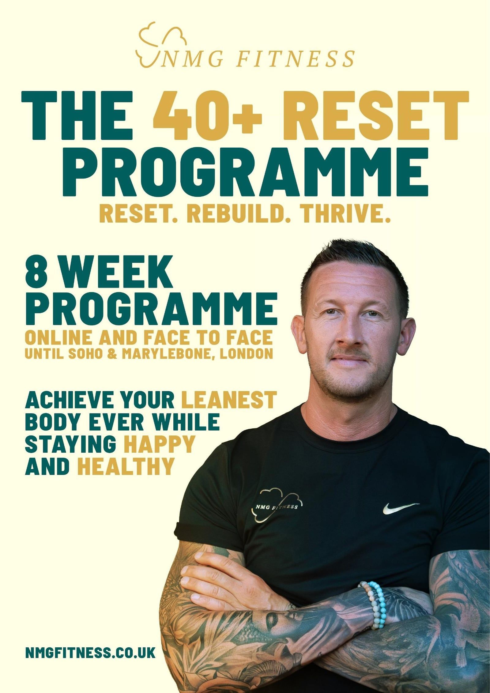 Front cover of the 40+ Reset Programme: an 8-week programme, online and face to face at UNTIL Soho and Marylebone, showing Neil McGuigan and the NMG Fitness wordmark