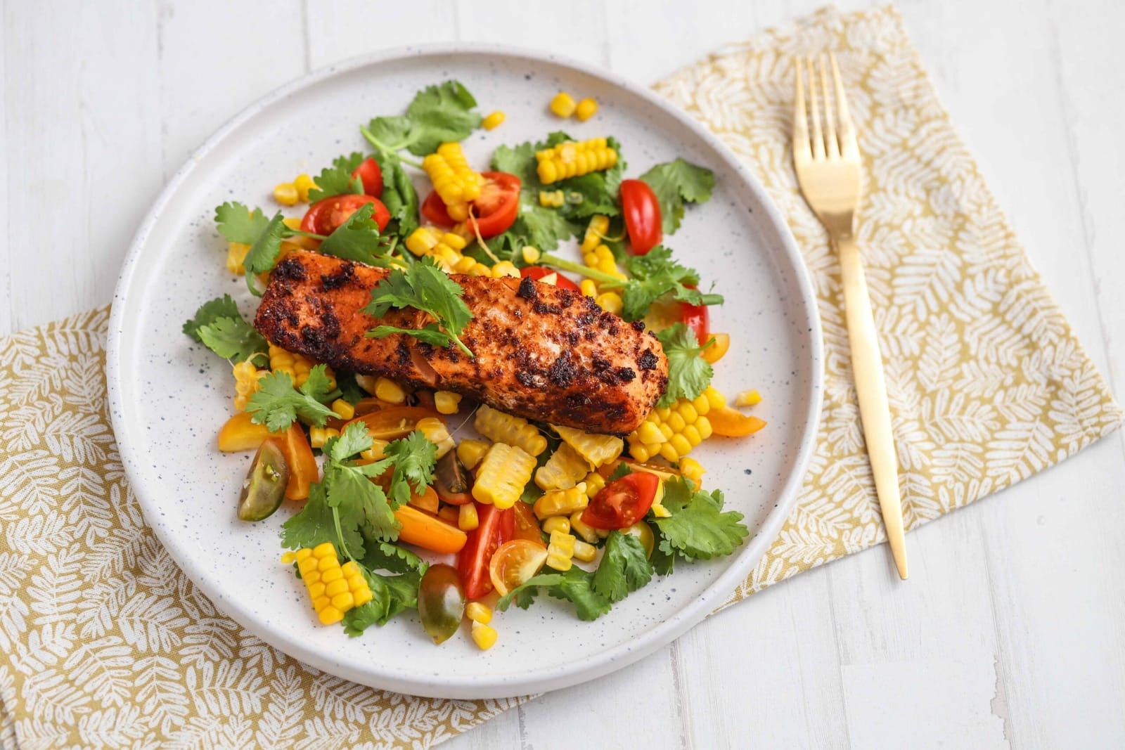 Cajun salmon and corn salad — sustainable eating for over 40s