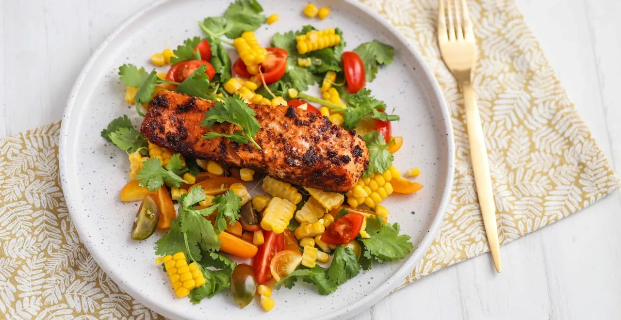 Cajun salmon and corn salad — sustainable eating for over 40s