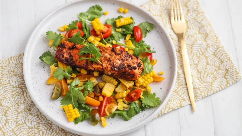 Cajun salmon and corn salad — sustainable eating for over 40s