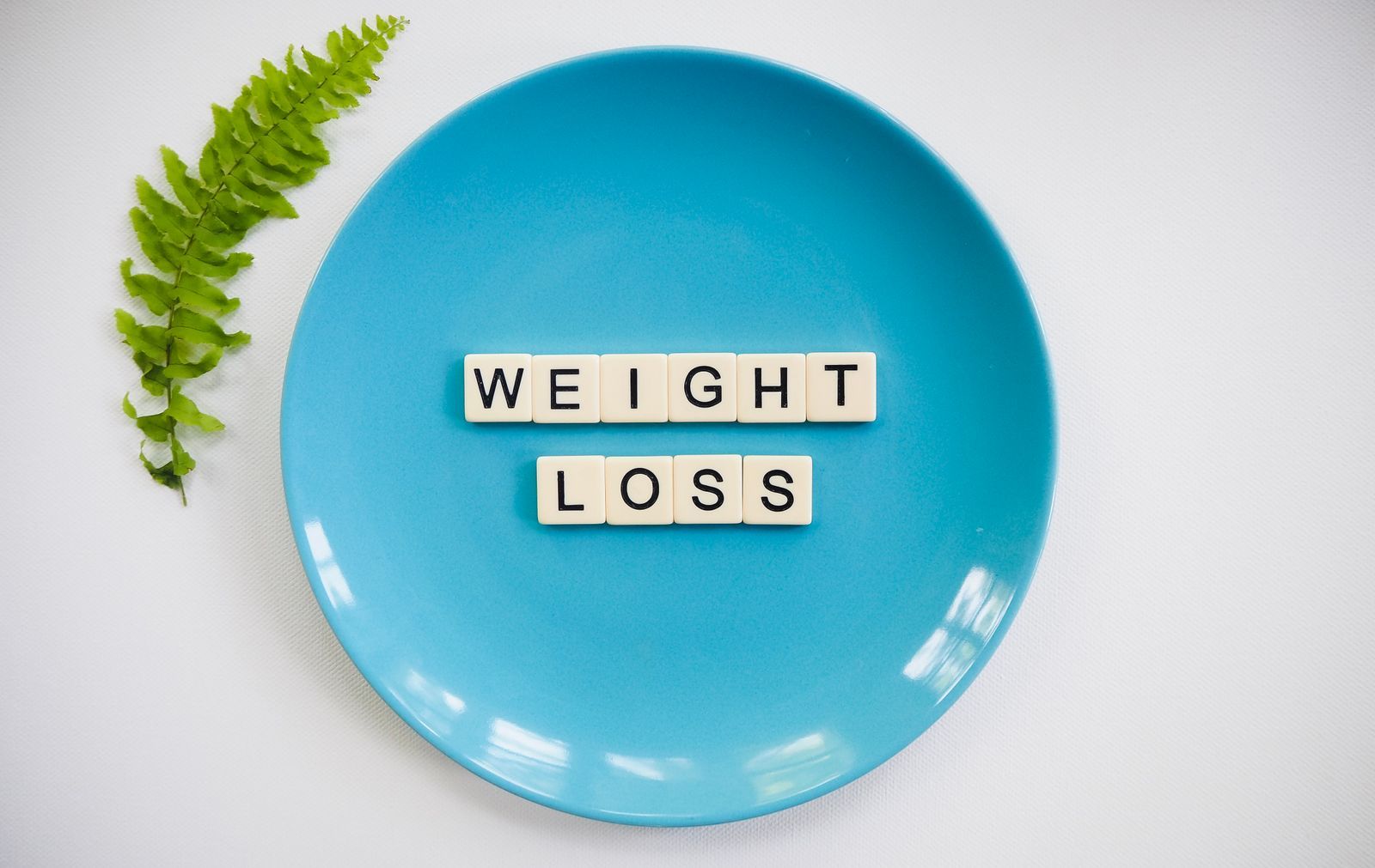 Letter tiles spelling WEIGHT LOSS arranged on a turquoise plate, photographed from above on a white surface beside a green fern frond