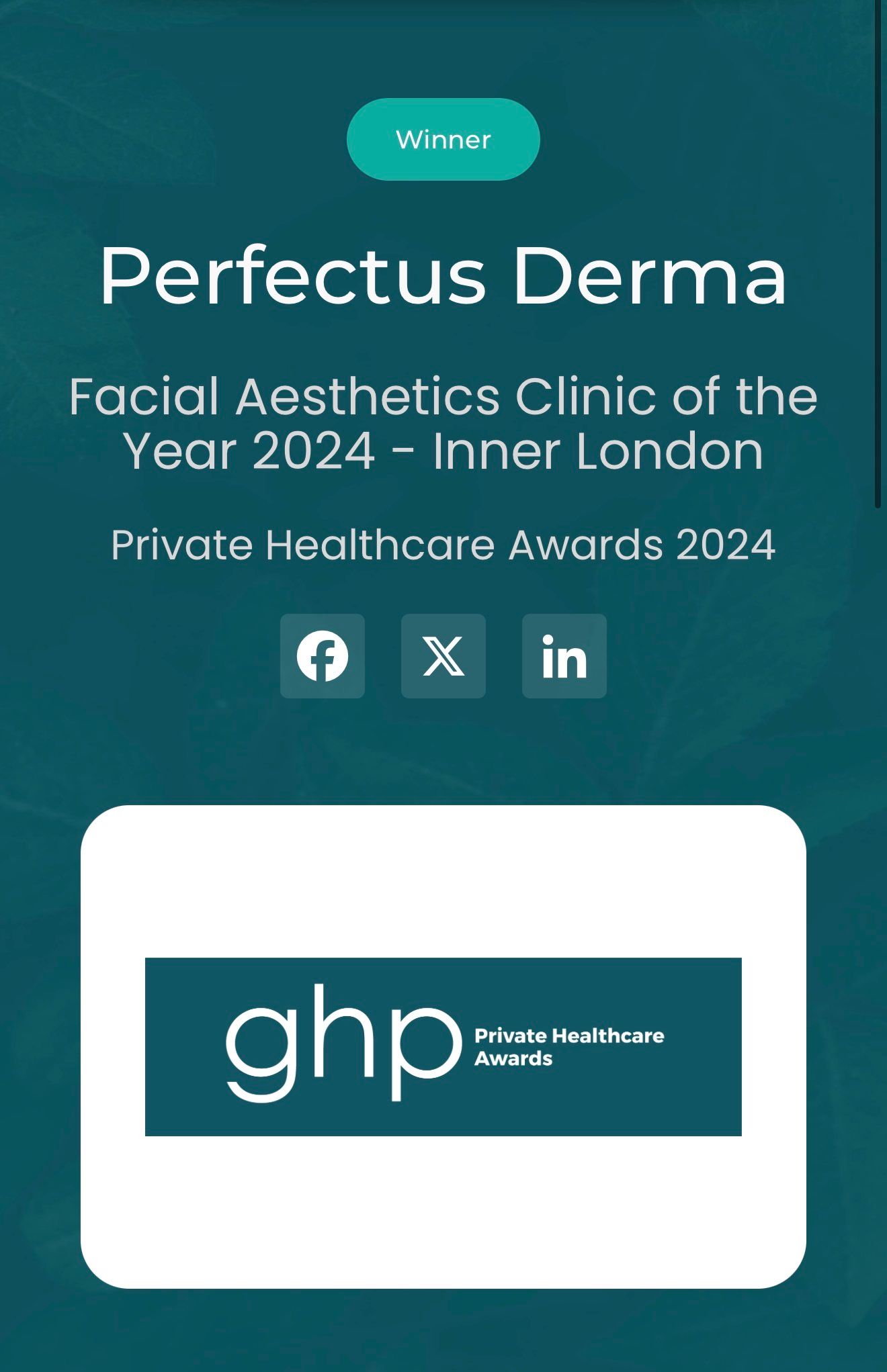 GHP Private Healthcare Awards 2024 winner badge, Perfectus Derma Aesthetics, Facial Aesthetics Clinic of the Year, Inner London