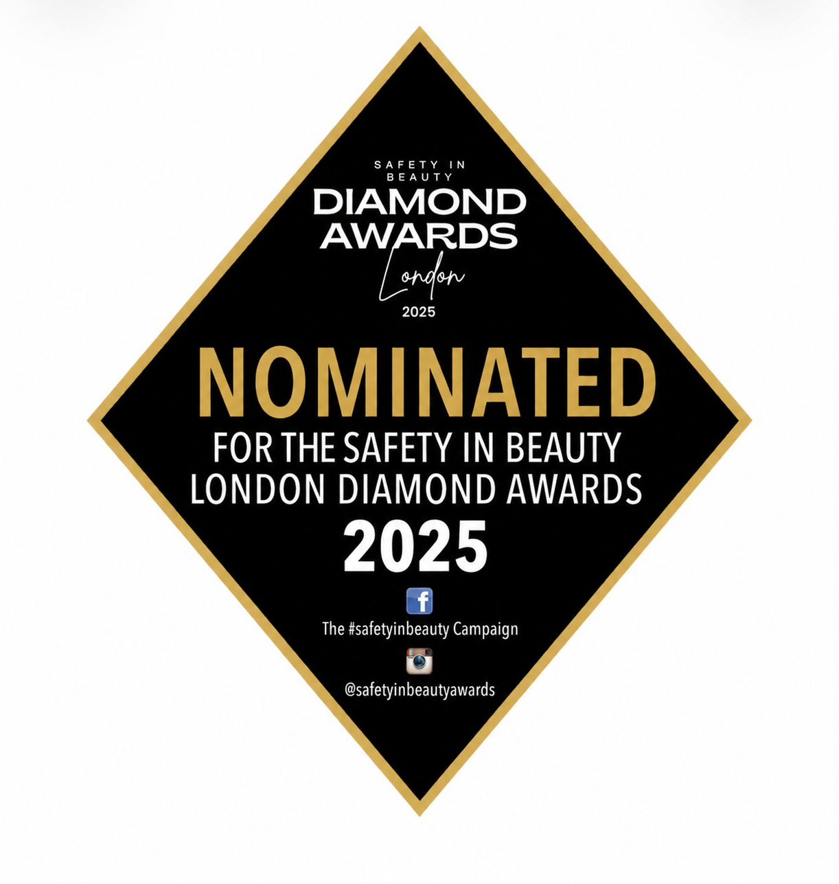 Safety in Beauty London Diamond Awards 2025 nominee badge, Perfectus Derma Aesthetics