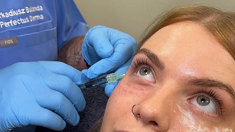 Aesthetic Nurse Practitioner treating the under-eye area with an injectable skin-quality treatment at Perfectus Derma Aesthetics, UNTIL Soho