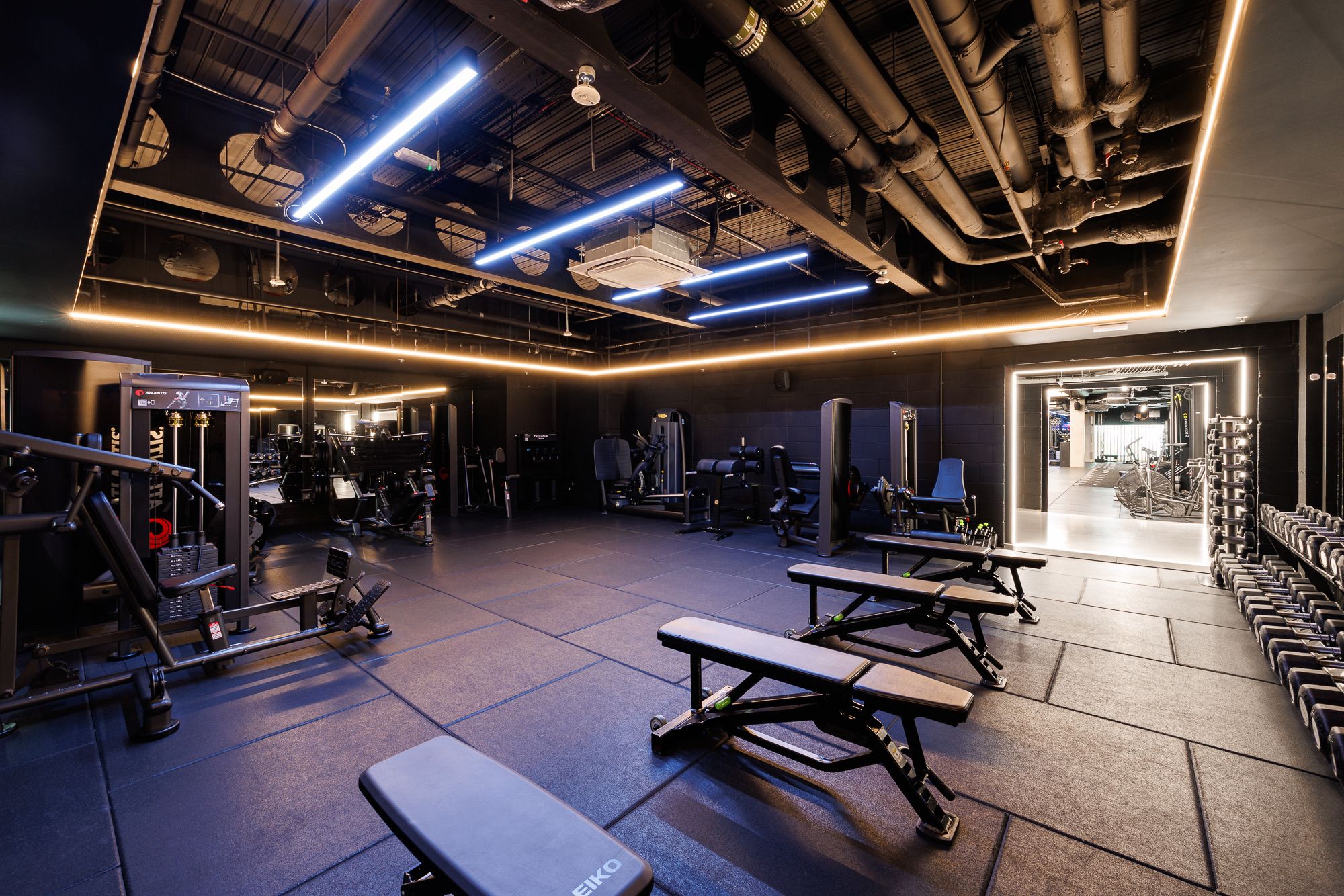 Free weights, benches, and resistance machines on the training floor at UNTIL Soho
