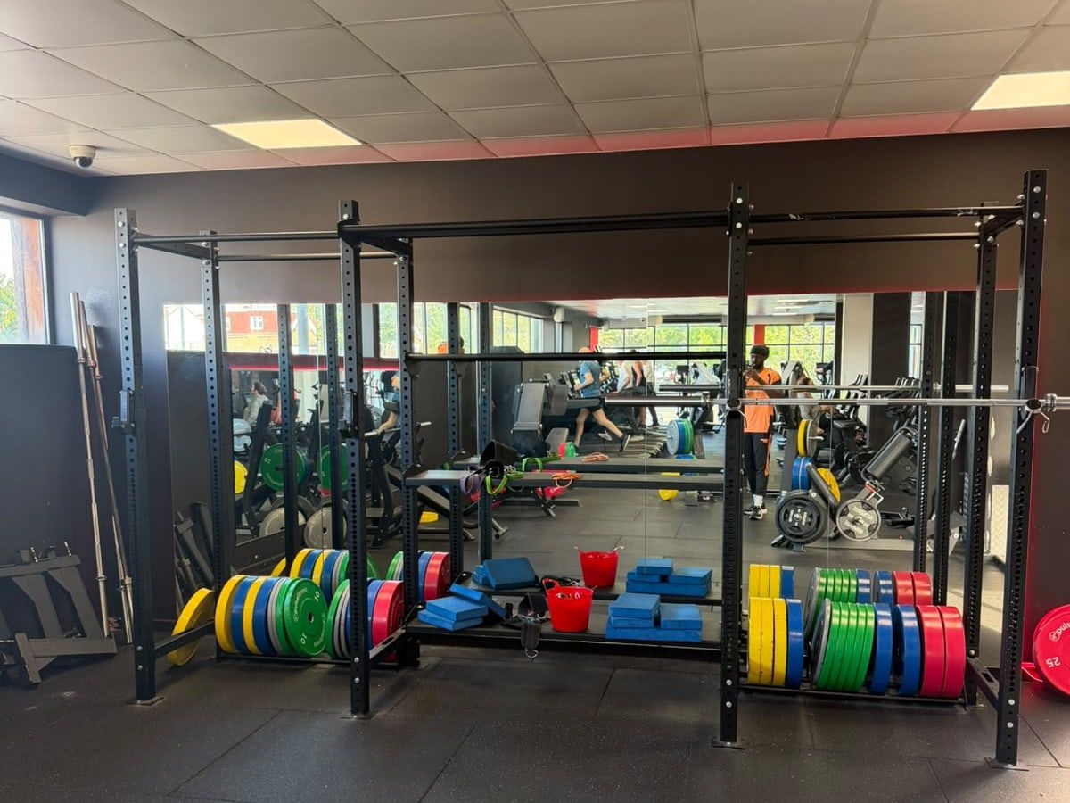 The new gym at the Crouch End clinic: a squat rack with bumper plates, and the cardio floor beyond.